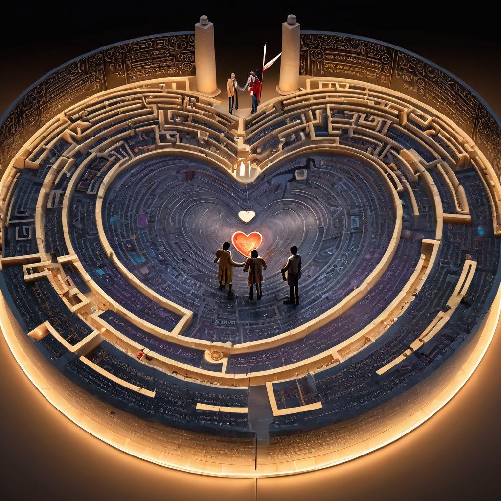 An intricate labyrinth made of legal documents and heart motifs, symbolizing the intersection of love and law. A couple, hand in hand, navigating through the maze with determination, surrounded by soft glowing lights representing hope. In the background, subtle symbols like gavel and wedding rings blend into the scenery. super-realistic. vibrant colors. 3D.