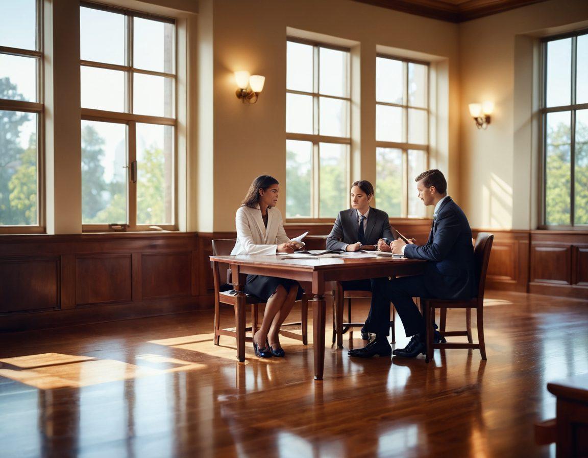 A couple sitting in a serene, modern courtroom, discussing legal documents with a sense of collaboration and understanding. The background features elements symbolizing love, like intertwined hearts and legal scales, blending emotion with professionalism. Warm light filters through large windows, creating an inviting atmosphere. Include subtle details like a gavel and a family photograph on the table. super-realistic. vibrant colors. soft focus.