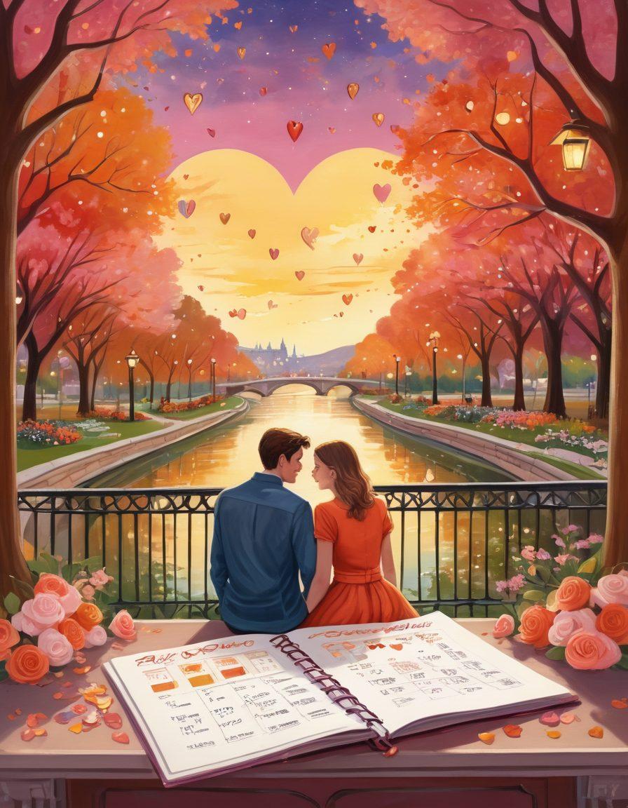 A whimsical illustration featuring two intertwined calendars with romantic themes, surrounded by hearts and clocks, symbolizing the connection between scheduling and relationships. In the background, a scenic park setting with couples enjoying their time together, indicating the impact of court calendars on love journeys. Warm colors and soft lighting to evoke a sense of romance and connection. vibrant colors. painting.